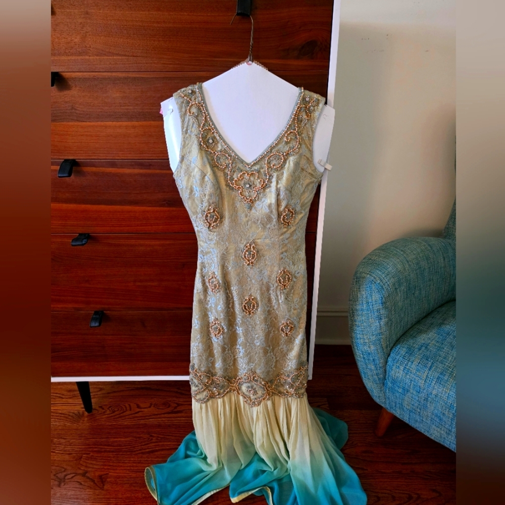 Elegant Embroidered Cream and Blue Dress